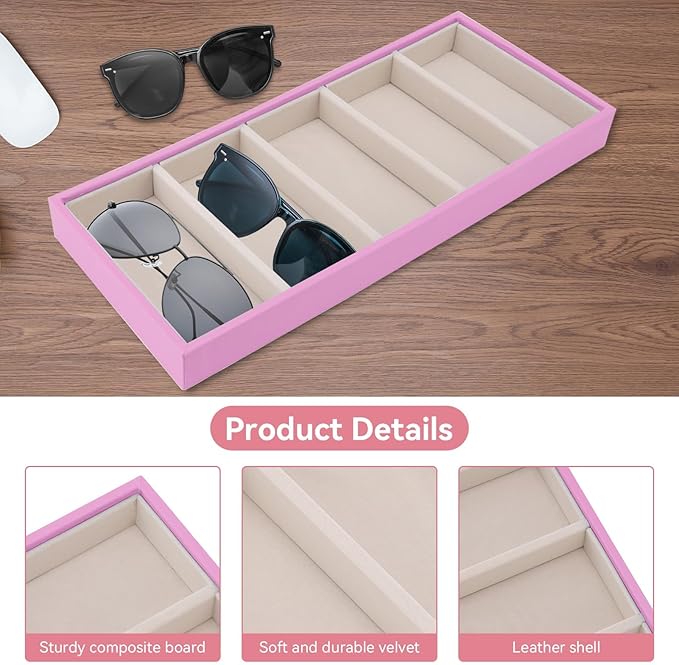 Sunglass Organizer, Pink Velvet Glasses Tray 5 Grids Stackable Display Case for Women Glasses Jewelry Display Watch