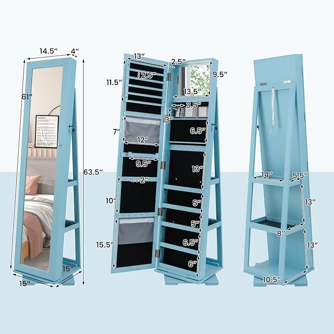 CHARMAID 360° Swivel Jewelry Armoire with Full Length Mirror, Standing Lockable Jewelry Cabinet Organizer, Large Storage Capacity, Inside Makeup Mirror, Back Storage Shelves (Sky Blue)