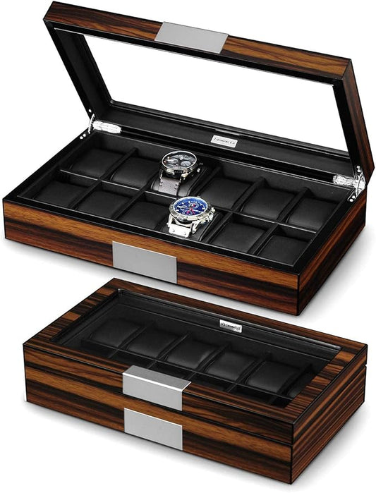 12 Watch Box for Men Watch Display Case Wood Luxury Watch Box with Large Glass Window,Watch Organizer Box with Ultra Smooth PU Leather Interior