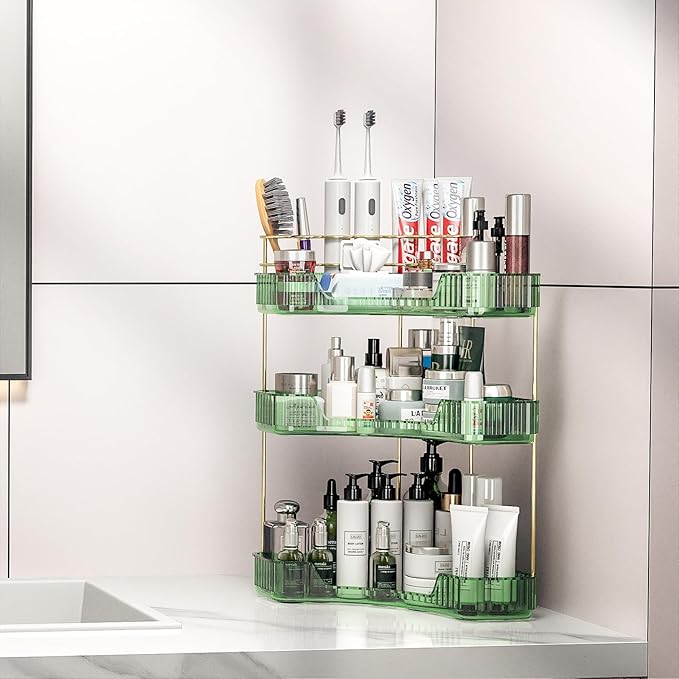 3 Tier Corner Bathroom Organizer Countertop, Vanity Makeup Organizer with Brush Holder, Space-Saving Skincare Storage Corner Shelf for Bathroom, Dressing Table, Kitchen