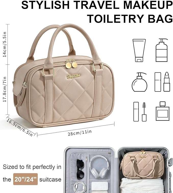Travel Makeup Bag, Large Capacity Quilted Toiletry Bag for Women Stand-up Cosmetic Bag Open Flat Make Up Case Organizer Portable Pouch Purse w/Handle for Traveling Accessories, Camel