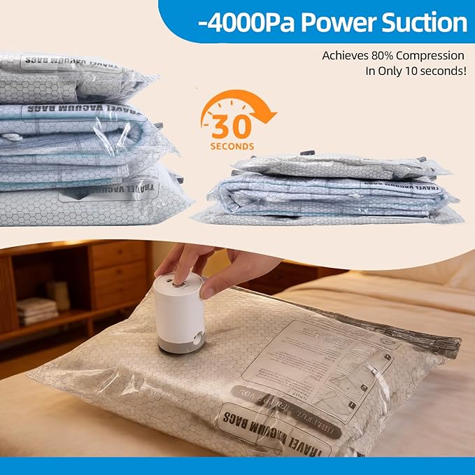Vacuum Bags For Travel With Rechargeable Air Pump, 15 Pack Compression Packing Bags For Luggage, Carry-On Size, Space Saver For Clothes, Airless Vacuum Bags, Jumbo Vacuum Storage Bags
