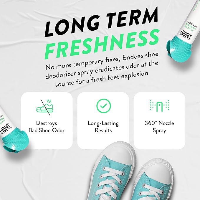 Endees UpFresh 360° Shoe Deodorizer Spray – 3 x 3.38 Fl Ozl I Foot Odor Eliminator Shoe Spray for Smelly Shoes, Feet, Sneakers, Boots, and Gym Bags, Stinky Smell Elimination Deodorant, Travel Size