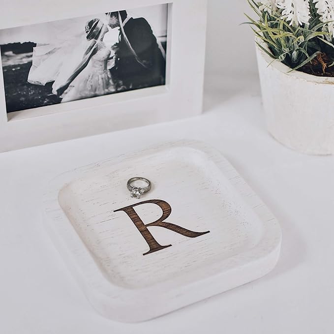 I'm Wooden Personalized Letter Catchall Valet Tray Trinket Dish Jewelry Tray Key Bowl Decorative Plate Organizing Ring Earrings Necklaces Bracelet Watch Coins Wallet Holder (6"x6" Sq White R)