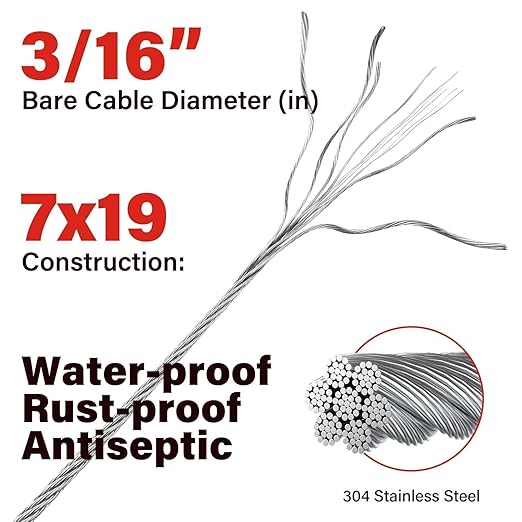 3/16 Stainless Steel Cable, 400ft Wire Rope, 7x19 Strands Aircraft Cable for Deck Cable Railing System, 3700lbs Breaking Strength Marine Grade for Rail, Deck, Clothesline, Yard Zipline