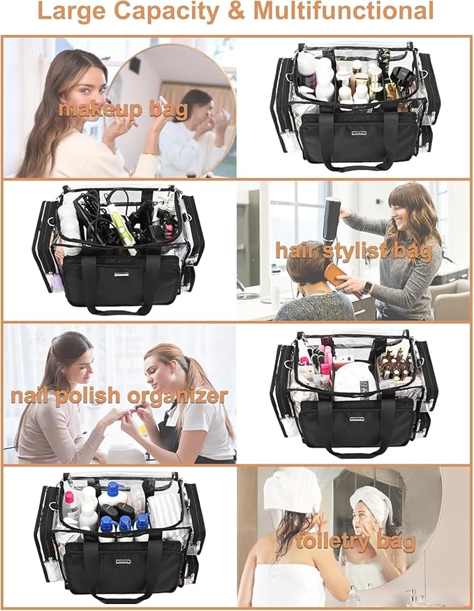 Relavel Clear Makeup Bag with 4 Small Pouches, Extra Large Makeup Artist Kit Set, Cosmetic Storage Organizer Transparent Tote Beach Toiletry Bag with Adjustable Dividers & Shoulder Strap