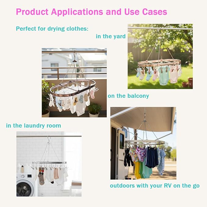 Underwear Hanger for Drying with 26 Clips - Aluminum Hanging Drying Rack for Socks, Lingerie & Baby Clothes | Wind-Resistant Hook & Oval Design (Rose Gold)