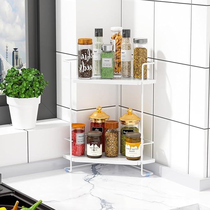 2-Tier Bathroom Counter Organizner, Bathroom Organizers and Storage for Bathroom, Kitchen Counter, Corner Storage Shelf for Bedroom, Storage, Makeup, Skincare, Perfume (White)