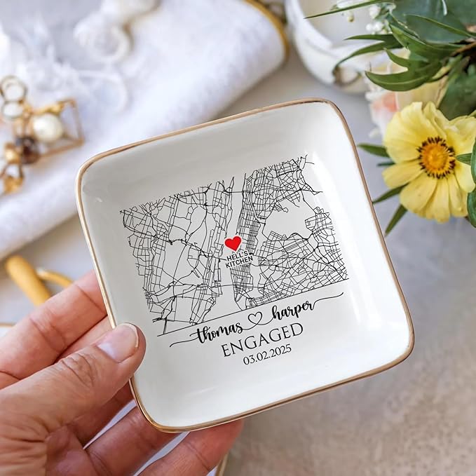 Chillever Custom Map Engaged Trinket Dish, Location Engagement Gifts For Couple Jewelry Tray, Ring Dish, Newly Engaged Ring Holder Best Gift For Lover 1
