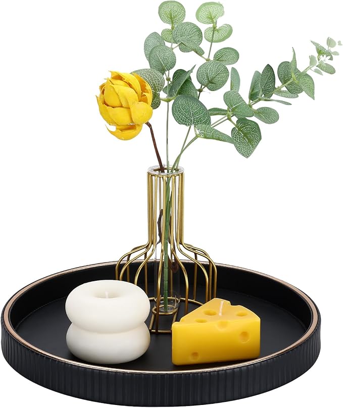GORESE 12" Decorative Tray for Home Decor, Round PU Leather Coffee Table Tray Table Centerpiece for Living Room, Dresser, Vanity, Valet Tray Nightstand Organizer for Trinket Perfume Key, Black