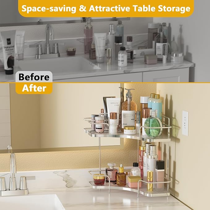 FOLLOWIN 2 Tier Bathroom Countertop Corner Organizer,Countertop Perfume Tray,Vanity Counter Shelf,Skincare Makeup Cosmetic Vanity Organizers,Silver