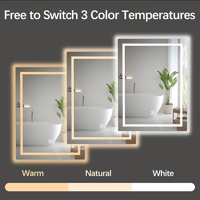 32"*24" Rectangular LED Vanity Mirror with Lights, Bedroom and Bathroom Mirror, Touch Control 3-Color Dimmable Lighting, Easy Wall Mount, Plug-in Power, Classic