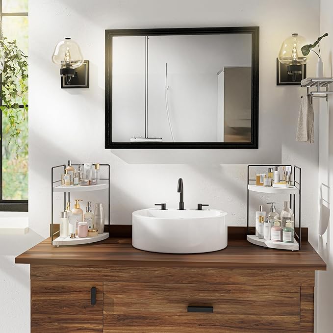 2 Pack Bathroom Counter Organizer,2 Tier Corner Bathroom Counter Organizer, Wooden Vanity Organizer for Bathroom Organizers and Skincare Cosmetics Dresser Storage