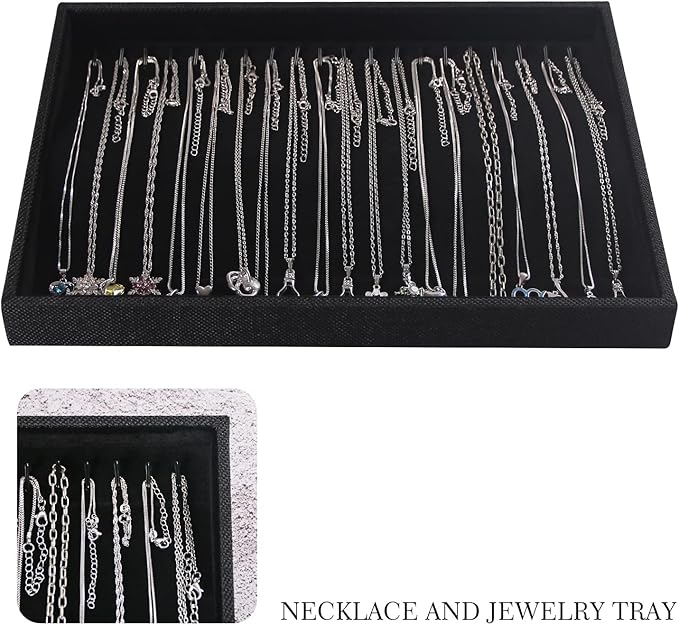 Julysky 2 Pcs/set Stackable Jewelry Organizer Trays，Necklace Tray+Necklace Tray, Jewelry Displays for Selling,Black