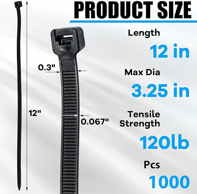 1000 Pcs 12 Inch Zip Ties Heavy Duty 120 Lbs Tensile Strength Black Nylon Wire Cable Ties for Indoor Outdoor