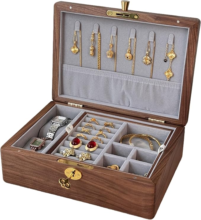 Bescott 2 Layers Solid Black Walnut Wooden Jewelry Box for Women with Lock and Key Wood Vintage Organizer for Men Earrings Rings Necklaces Bracelet Storage Mother's Day Gift