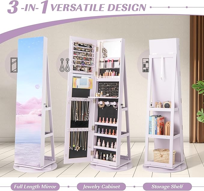 GOFLAME 360° Rotating Jewelry Cabinet with Full-Length Mirror, Freestanding Jewelry Armoire with 3-Color LED Light and Back Storage Shelf, Lockable Jewelry Organizer for Bedroom Cloakroom, Lavender