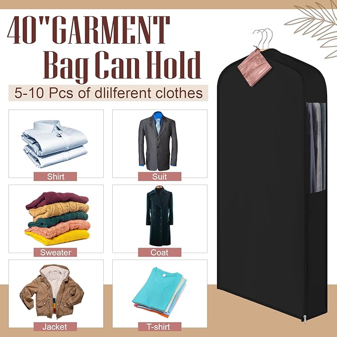 Cotton Garment Bag for Hanging Clothes and Storage with Cedar Blocks for Fresh Smell and Moth Protection Sandpaper for Suit Fur Coat Jacket Sweater(40 x 24 x 6 Inch,Black,1 Set)