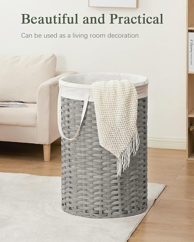 34.3 Gal (130 L) Large Laundry Hamper Laundry Basket Round Handwoven Wicker Laundry Baskets Rattan Laundry Basket with Removable Bag Handles 2 Mesh Bags for Living Room Bedroom Gray (No Lid)