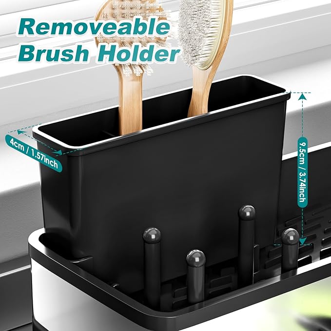 Stainless Steel Sink Caddy, Sponge Holder for Kitchen Sink with Brush Holder & Dishcloth Rack, Rustproof Sink Organizer Countertop, Soap Dispenser Kitchen Organizers Storage Essentials, Black