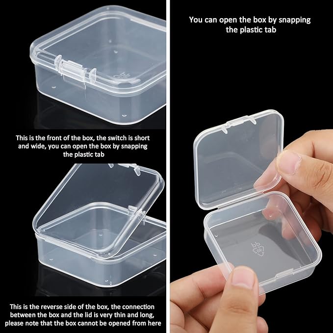 SATINIOR 100 Pcs Clear Plastic Beads Storage Containers Box Small Clear Boxes with Hinged Lid Plastic Case Mini Square Arts Crafts Storage Organizers for Small Items(2.1 x 2.1 x 0.8 Inch)