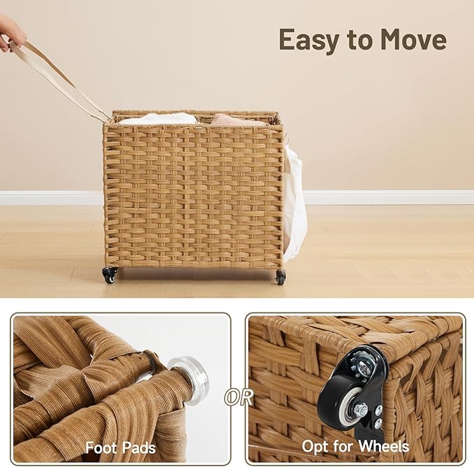 Laundry Hamper with Wheels, 34.3 Gallon(130L) Rolling Laundry Basket with Lid, Removable Large 2 Color Liners & 3 Mesh Laundry Bags, Clothes Hamper with Side Pocket, Natural