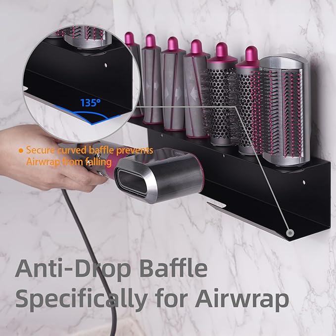 Hair Dryer Holder for Airwrap, Aluminum Hair Tool Holder Wall Mount Black with 7 Custom Slots & Cable Hook, Hair Tool Organizer Wall Mounted for Bathroom