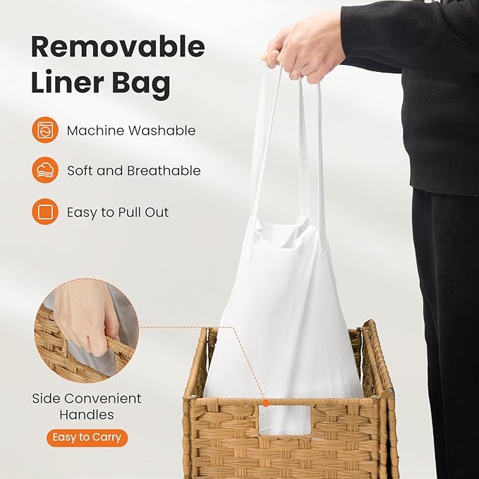 90L Laundry Hamper with Lid, Hand-Woven Pp Rattan Laundry Basket with Compartments & Handles, Removable Liner Bags,Foldable, Narrow Dirty Clothes Basket, Yellow