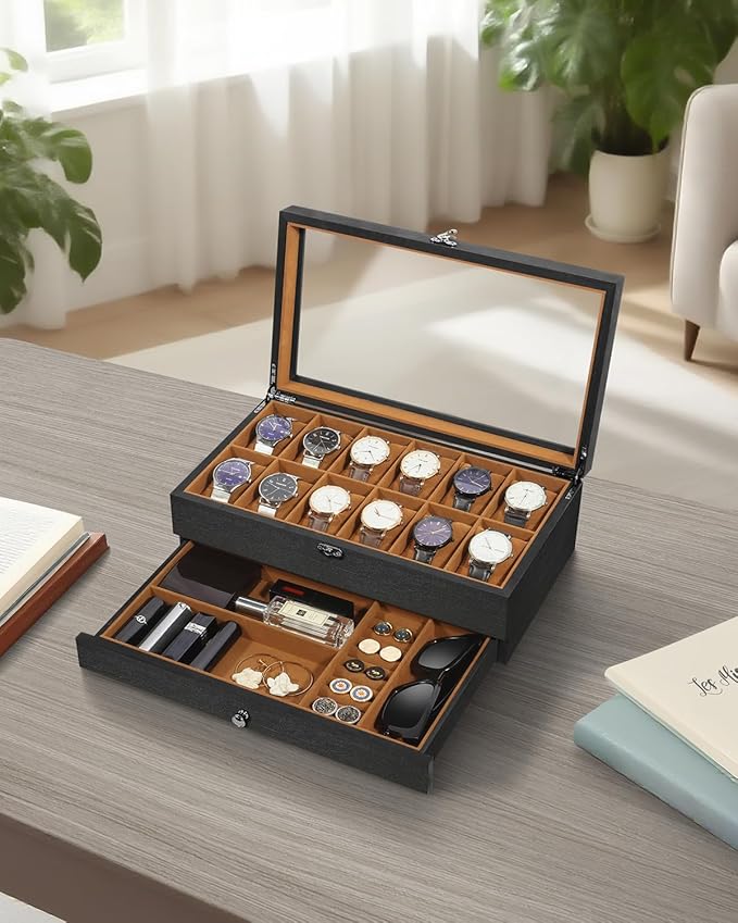 Uten 12-Slot Watch Box, 2-Layers Solid Wood Watch Display Case with Glass Lid, Watch Holder Organizer with Soft Pillow and Velvet Lining, Watch and Jewelry Storage Box