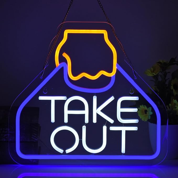 Take Out Neon Sign for Business Carry Out Take Away Led Light up Sign with Dimmable Switch for Restaurants Wall Decor Bar Store Drink Shop Cafe USB Powered 13.8" x 12.6"
