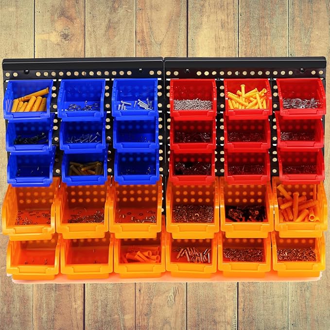 30-Bin Wall Mounted Storage Bins Kit, Tool Organizer Rack, Garage Hardware Organizer, 3 Color Parts Storage Bins, DIY Combination