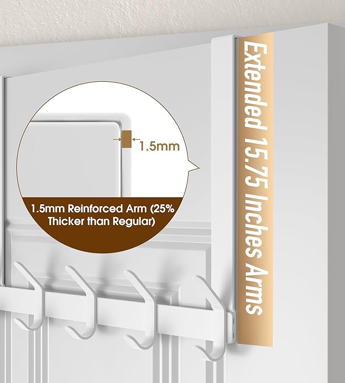 KitchLife Over The Door Hooks Hanger with 15.75 inches Extended Arms, Fit for 1-3/8" Doors, J40U, Thickened Bathroom Towel Rack Organization, 1 Pack Double-Hook, Glossy White