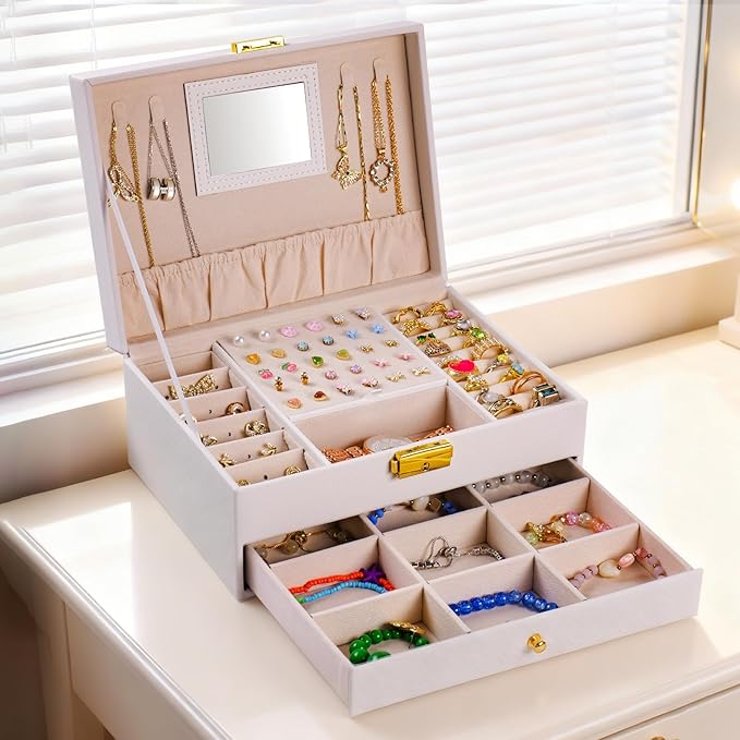 Jewelry Box, 2 Layer Jewelry Organizer with Velvet Earring Organizer, Jewelry Holder Organizer Travel, White Jewelry Boxes for Women, Jewelry Boxes & Organizers for Girls, Christmas Gifts