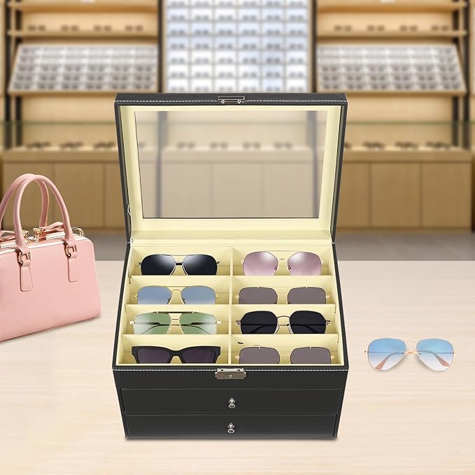 Sunglasses Organizer, Sunglasses Storage Organizer, Eyeglasses Storage Glass Top Lockable Case Organizer Eyeglasses Display Box for Women Men (Black)