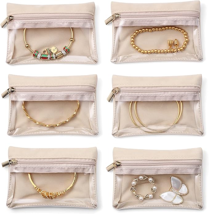 Vlando Travel Jewelry Box Organizer - 6 Small Velvet Zipped Pouches Pockets for Jewelries Necklaces Rings Earrings Sorting Storage, Rosy Mauve