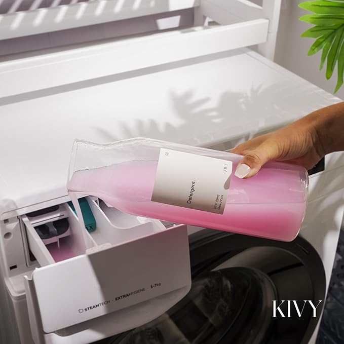 KIVY Glass Detergent Dispenser Container Set of 4 [INCL Labels] Large Glass jars for Laundry Room Organization Decor - Laundry soap dispenser for liquid detergent dispenser - Fabric softener dispenser