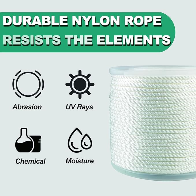 1/8 Inch Nylon Rope 500 Ft Solid Braid High UV and Abrasion Resistance, Multipurpose Tightly Braided Rope, Clothes Line, Flag Line, Marine and Outdoor Twine, Ideal for Indoor and Outdoor Applications