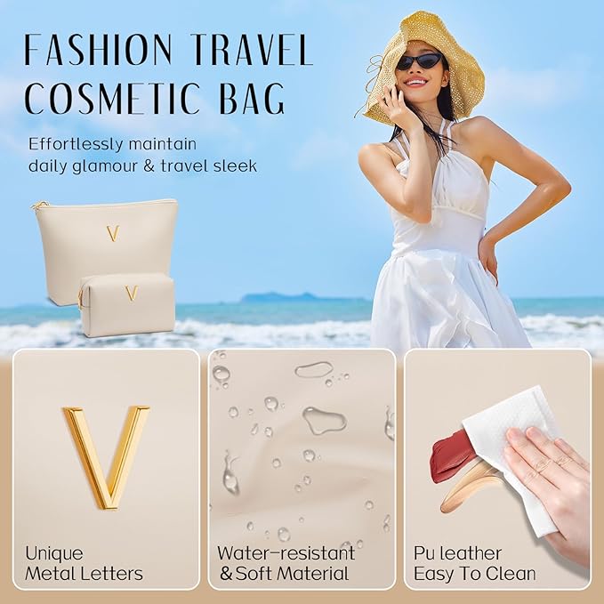 Valentine's Day Gifts for Women Girlfriend Initial Makeup Bag for Teen Girls Personalized Gifts for Friend Teacher Mom Wife Cosmetic Travel Toiletry Bag(Beige,V)