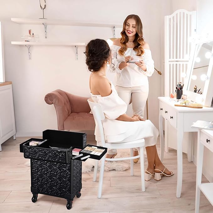 BYOOTIQUE Rolling Makeup Train Case on Wheels 3-Piece Lockable Cosmetology Organizer Kit Hair Tool Travel Bag for Lash Artist Nail Slon Beauty Studio Hairstylist Manicurist,Mermaid Black