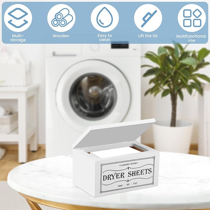 Dryer Sheet Holder with Lid, Wooden Laundry Room Organization and Storage, Large Capacity Softener Sheets Dispenser, Fabric Softener Container for Laundry Room Bathroom (White)