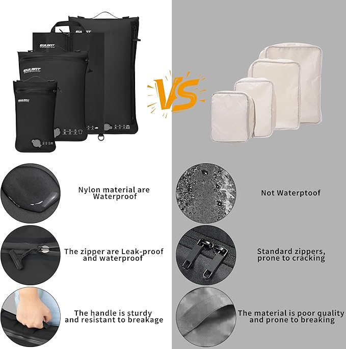 Eulant 4 Set Vacuum Packing Bags for Travel With Pump,Professional IPX8 Zip Packing Organizer for Suitcases Backpack,Space Saver Bags Packing Organizers for Clothing Packing(4 Set No Pump,Black)