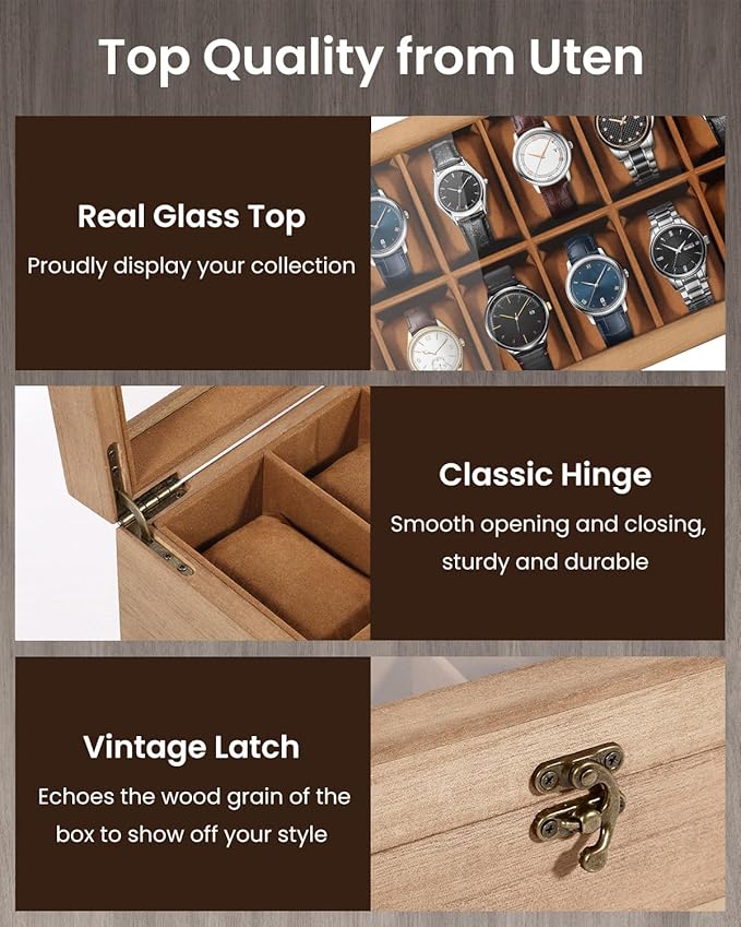 Uten 12-Slot Watch Box, 2-Layers Solid Wood Watch Display Case with Glass Lid, Watch Holder Organizer with Soft Pillow and Velvet Lining, Watch and Jewelry Storage Box, Brown