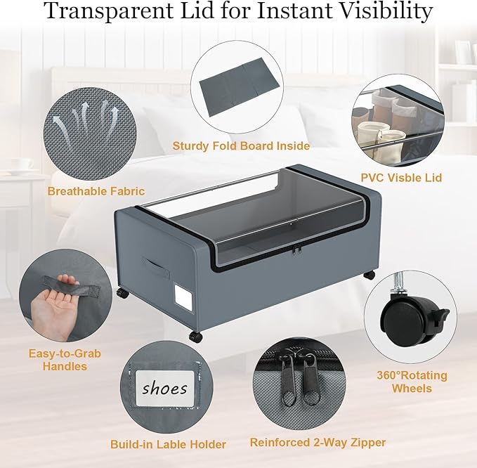 Webetop 12 inch Under the Bed Storage Bins with Clear Lid, Under Bed Storage Containers with Wheels for Underneath Small Spaces Dorms, Blankets (2 Pack, Grey, 30.7"x17.3"x12")