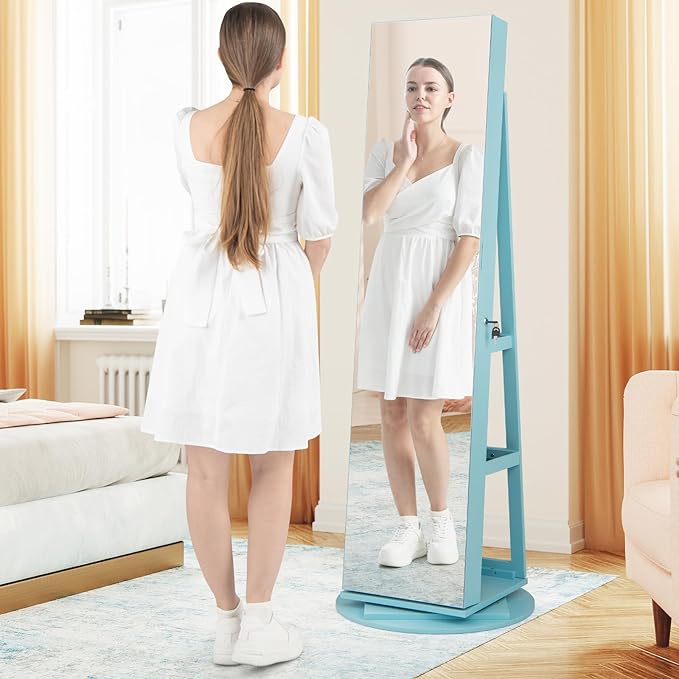 Mirror Jewelry Cabinet Standing with Full Length Mirror, 360° Swivel Jewelry Armoire with 3-Color LED Lights & Foldable Makeup Shelf, Lockable Organizer for Women, Space-Saving (Sky Blue)