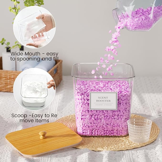 4+1 Pack Laundry Room Organization Containers,Clear Laundry Pods Container,Large Laundry Detergent Powder Storage Containers with Wooden Lids & Labels,Laundry Pods Holder for Scent Booster,Powder,Pods