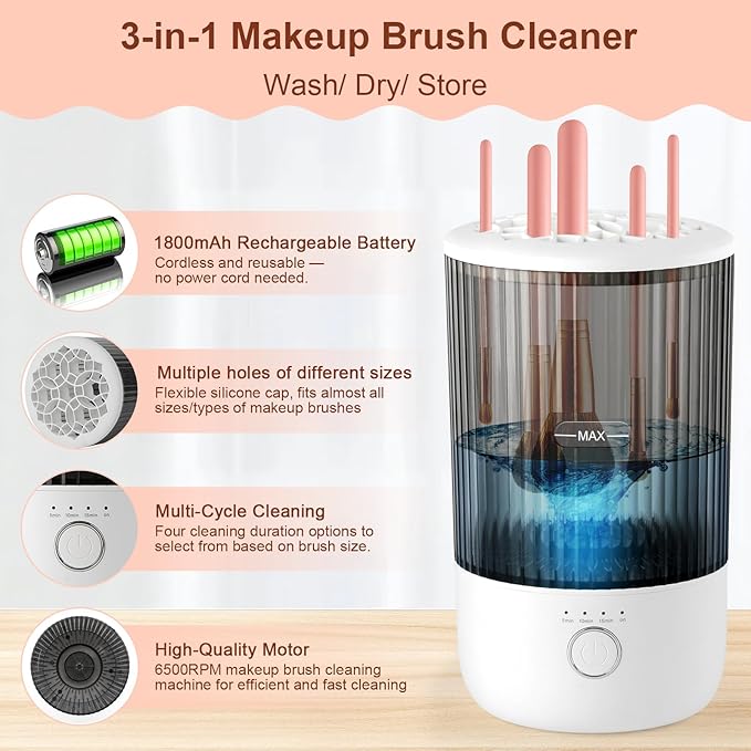 Electric Makeup Brush Cleaner, 6500RPM Automatic Makeup Brush Cleaner Machine, Portable Design with 1800mAh Rechargeable Battery for All Brush Sizes, Perfect Gift for Makeup Lovers