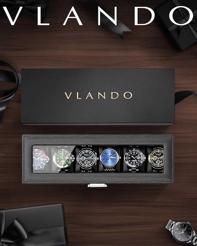 Vlando 6 Slots 2 Layers Watch Case for Men, Watch Box with Glass Lid, Lockable Watch Holder, Business Textured Leather Organizer Display Case, Soft Pillow, Gifts for Fathers, Dad, Husband - Black