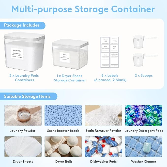 Lifewit Laundry Pods Container with Pop-up Lid, Detergent Dispenser, Dryer Sheet Holder, Laundry Room Organization Storage Jars for Washing Powder, Soap, Scent Booster Beads,0.5+0.72gal, 3 Pcs