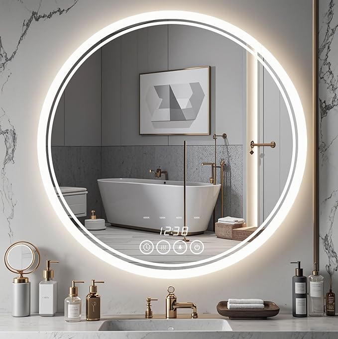 Wall-Mounted Round Bathroom Mirror with LED-Lights - 36 Inch Vanity Mirrors with Dimmable (36" x 36",Frameless)