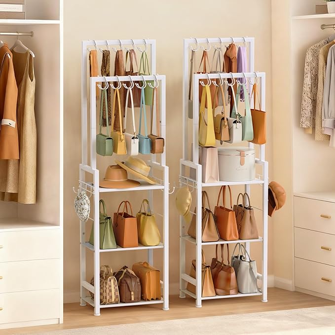 Tall Purse Organizer for Closet with 10 Purse Hanger & 6 Side Hooks,Floor-Standing Purse Rack Stand for Purse Storage,Narrow & High-Capacity Handbag Organizer,Multi-Purpose Purse Shelf for Small Place